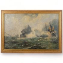 Oil on canvas, depicting a Russian battle squadron attacking the Japanese merchant ship "Kinshiu