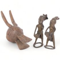 2 similar Benin bronze fertility sculptures, H17cm, and a carved wooden animal head