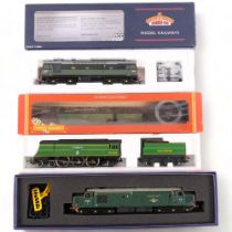 3 boxed locomotives, Bachmann 25/3 BO-BO diesel, Hornby SR Battle of Britain loco "Spitfire", and