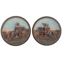 A pair of 3-dimensional Austrian terracotta painted wall plaques, by J M Musterschutz, depicting