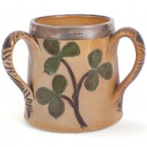 T SMITH & COMPANY OLD KENT ROAD - a Victorian stoneware tyg, with incised decoration and silver rim,