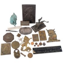 A tray of various interesting items, including Nondon 8 lever padlock and key, bronze printing