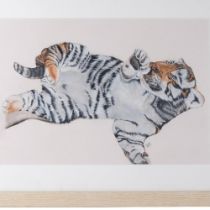 A painting of a tiger cub, monogramed WSM, in glazed frame, 61cm x 79cm overall