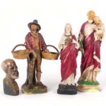 2 painted plaster religious figures, tallest 40cm, a plaster figure of a young man with baskets, and