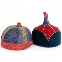 2 similar Mongolian hats, likely from the area of Ulaan Bataar, a male and a female hat, the male