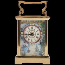 A Halcyon Days brass-cased carriage clock, painted dial, "Time and tide wait for no man", with