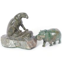 A carved soapstone hippo, and a carved stone leopard on plinth, signed S. Sebae, H17cm, some surface