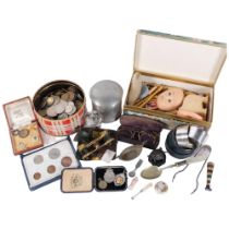 Box of various items, to include pair of French gilt-metal opera glasses, world coins, miniature