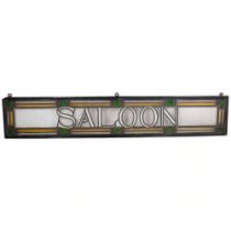 An early 20th century iron framed and leadlight coloured glass sign, "Saloon", L169cm, H31cm, with 3