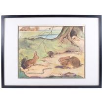 Eileen A Sopeu(?), nursery print depicting rabbits, hedgehog, snake and frogs near a farm, framed,