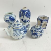 A selection of modern blue and white Chinese ceramic items, including a hexagonal reticulated