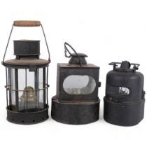 A group of 3 Vintage railway lanterns, largest height 32cm, appear to have been overpainted, no