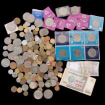 A quantity of UK and worldwide coins, commemorative crowns, banknotes etc