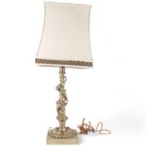 A gilt-brass table lamp with Classical figure support on square plinth, with shade, height overall