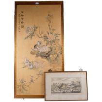 A large Oriental painted panel depicting kittens and blossom, framed, 130cm x 67cm, a similar