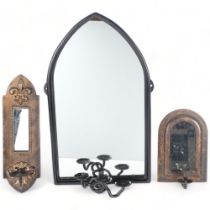 A lancet-mirror with 3 candle holders 51cm,an arch top Indian mirror with candle holder and another