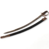 An Indian Cavalry sword and scabbard, having an etched blade and pierced hilt, blade length 77cm,