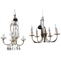 A 4-branch small brass chandelier with lustre drops, and a 5-branch brass chandelier with foliate