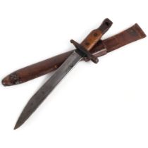 A Ross rifle bayonet and leather scabbard, blade length 25cm, bayonet overall not including scabbard