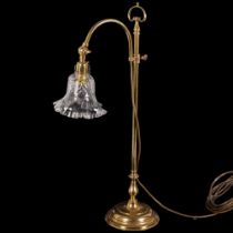 A brass telescopic student's desk lamp, with frilled glass shade, height not extended 60cm