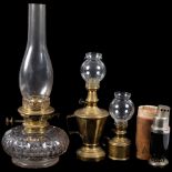 An oil lamp with cut-glass font, 40cm, brass pigeon lamp and another, and a diffuser