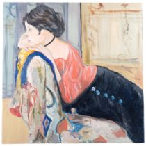 Clive Fredriksson, unframed oils on canvas, lady resting on a sofa, 60cm x 60cm