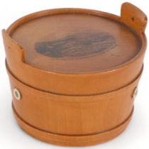 A Mauchline Ware milk pale and cover, with 3 cotton reel feeding holes, the top depicting