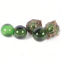 5 green glass fishing floats, approx 13cm across