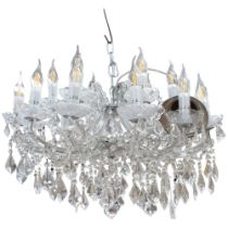 A large multi-branch glass chandelier with chains of lustre drops, 63cm across