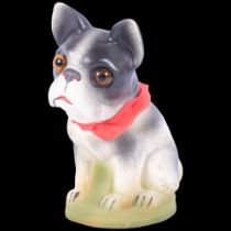 A Vintage German Papier Mache French bull dog candy container, with glass eyes, in 2 parts, 18.5cm