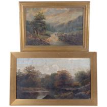 19th century oil on canvas, river and trees, 32cm x 52cm, and a smaller 19th century painting,