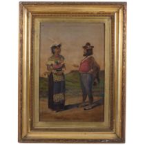 C S Bright, 1900?, ornate gilt-framed oil on canvas, study of 2 figures in a rural landscape, 64cm x