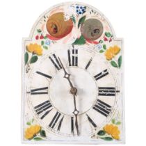A painted wooden wall clock with pendulum and weights, dial height 27cm