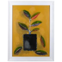 Carol Maddison, oil on panel, stylised study of leaves in a pot, in embossed painted wood frame,