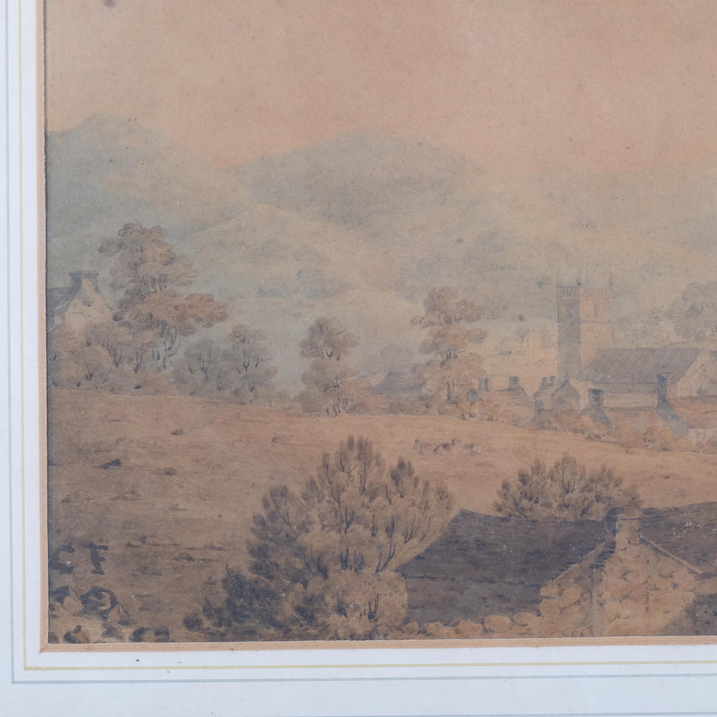 A watercolour, landscape scene with countryside town in background, church tower and other buildings - Image 2 of 2