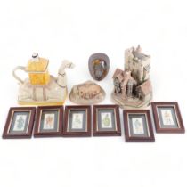 Tony Wood camel teapot, 6 framed Player's Dickens Series cigarette cards, etc