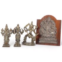 A group of 3 Thai bronze Buddha figures, tallest 13cm, and a silver plated plaque of Shiva mounted