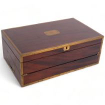 A 19th century mahogany and brass-bound campaign 3-fold writing box, with recessed brass handles,