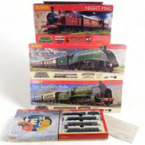 3 Hornby OO gauge train sets - Night Mail, Yorkshire Pullman, and Southern Belle, and a train pack
