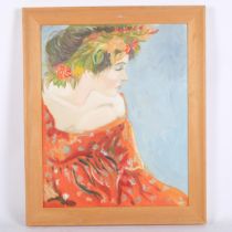 Clive Fredriksson, oil on board, portrait of a young girl with a garland of flowers in her hair,