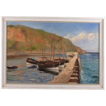 H L Robinson, boats in harbour, oil on canvas, signed, 51cm x 77cm, framed Good condition, 2 patch