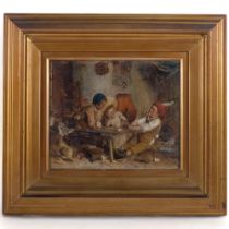 Oil painting under glass, 19th century children playing cards in rustic setting, gilt-framed, 36cm x