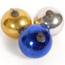 3 various witch's balls, gold blue and silver coloured, diameter 13cm