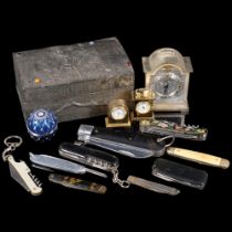 A pewter-clad dome-top jewel box, penknives, miniature clocks etc