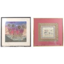 A framed Oriental silk embroidery, depicting birds, 39cm 42cm, 2 other framed embroideries, and a