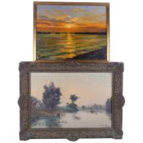 Oil on board, sunset over the sea, signed Kulatt(?), 39cm x 49cm, and P Doran, oil on canvas,