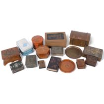 A collection of small decorative boxes, including antimony, enamelled copper box, Japanese lacquer