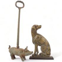 A cast-brass hound figure doorstop, and an iron pig doorstop, H52cm