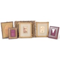 Embossed giltwood frame, 22cm x 28cm, a pair of miniature watercolours, a strut frame, etc