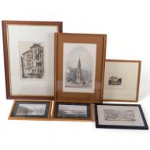 6 topographical prints, including views of Glastonbury and Pelham Crescent, largest 53cm x 37cm, all